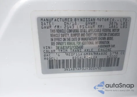 2018 Nissan Sentra Sr z USA, uszkodzony, nr VIN 3N1AB7AP3JY305490